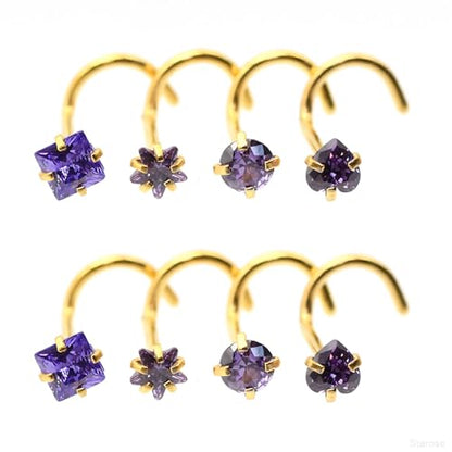 8 Pcs-Pack, Crystal Nose Studs, 20G Stainless Steel, 3mm Zircon, Multiple Shapes Zircon Labret Nose Piercing Ear Jewelry - color: Purple