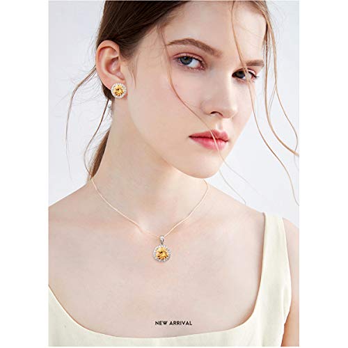 Bridal Crystal Jewelry Set - Sterling Silver Round Cubic Zirconia CZ Rhinestone Halo Birthstone Pendant Necklace Stud Earrings Set for Wedding Bride Bridesmaids Birthday Gift - color: Citrine Champagne