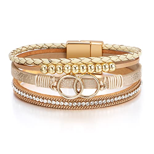 Fesciory Leather Wrap Bracelet for Women, Boho Western Layered Cuff Jewelry | Stackable Bracelets, Easy-On Clasp, Daily Wear, Pairs with Boho Western Outfits, Gift for Women - color: Khaki1