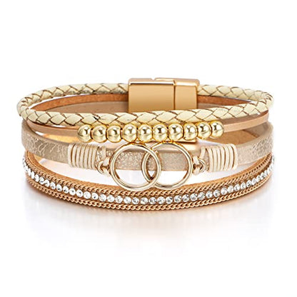 Fesciory Leather Wrap Bracelet for Women, Boho Western Layered Cuff Jewelry | Stackable Bracelets, Easy-On Clasp, Daily Wear, Pairs with Boho Western Outfits, Gift for Women - color: Khaki1