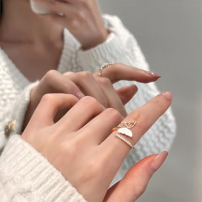 Mettclasi Women's 14K Gold Plated Stackable Ring Crystal Inlaid Dainty Trendy Cute Adjustable Open Twist Rings Jewelry Gifts - style: Butterfly