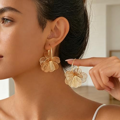 Gold Silver Flower Hoop Earrings for Women 14K Gold Plated Large Layered Flower Dangle Drop Earrings Wedding Party Holiday Birthday Gifts Lightweight Trendy Bohemian Jewelry Gift for Her - color: Gold