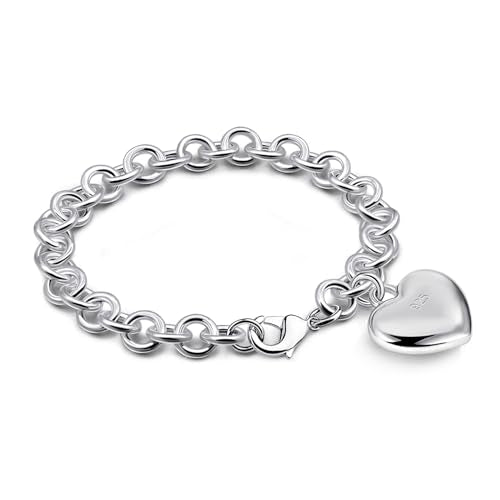 Dankadi Women 925 Sterling Silver Round Cable Wire Link Bracelet Charm Heart-Bell-Square-Circle Pendant Chain Bangle Fine Jewelry Gift For Wife Her - color: 8.5MM Silver Heart Pendant, size: 7.5 in
