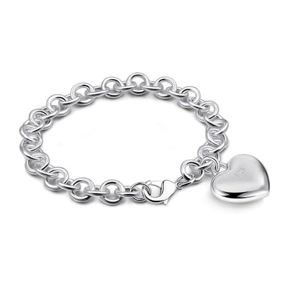 Dankadi Women 925 Sterling Silver Round Cable Wire Link Bracelet Charm Heart-Bell-Square-Circle Pendant Chain Bangle Fine Jewelry Gift For Wife Her - color: 8.5MM Silver Heart Pendant, size: 7.5 in