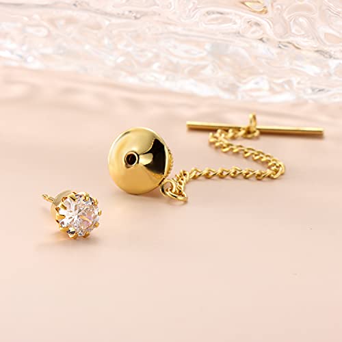 HAWSON Mens Tie Tack with Chain Round Crystal Wedding Business Accessories - color: Gold + Crystal