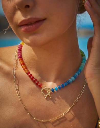 Beaded Necklaces for Women, Boho Colorful Bead Choker Necklace | Natural Gemstones, Summer Beach Jewelry, 18K Gold Plated, Handmade, Gift for Her,Charm Necklace - color: Rainbow-Heart-Shaped Clasp