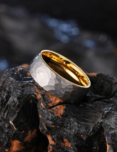 King Will Men's Tungsten Carbide Wedding Ring Hammered Groove Wedding Band Mens Two Tone Engagement Ring for Men and Women Matte Brushed Finish Comfort Fit - color: 8MM Gold-Silver