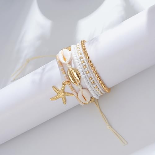 LALAPPLE Shell Bracelet Boho Beaded Stretch Bracelets for Women Seashell Strand Bracelets Starfish Charm Jewelry Summer Beach Jewelry Stackable Crystal Gold Plated Beads Bracelet for Women - style: Style4