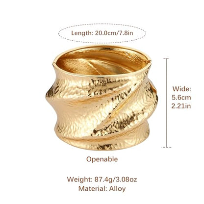 AsAlways 14K Gold Plated Hammered Cuff Bracelet for Women Wide Textured Open Cuff Bangle Statement Gold Chunky Bracelet Jewelry Gift - color: 01 Gold
