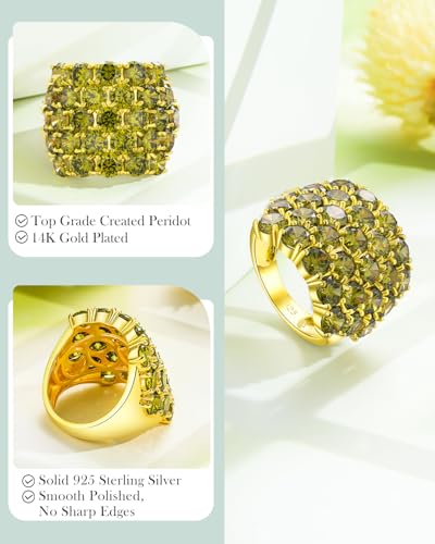 925 Sterling Silver Pave Birthstone Chunky Statement Rings for Women Men | 14K Gold Plated/Silver Large Dome Ring Birthday Cocktail Jewelry,Size 6 to 10(with Gift Box) - color: 08-Created Peridot-Aug.