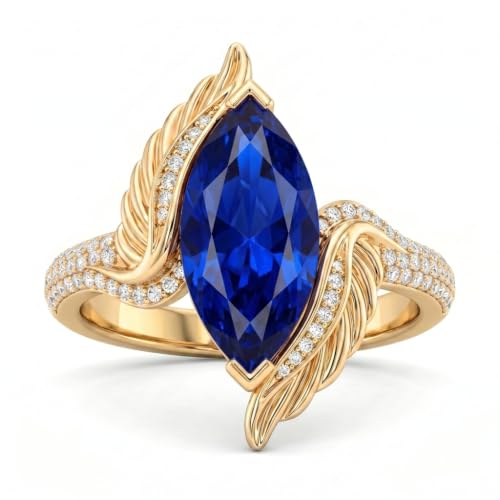 WSX Marquise Cut Gemstone Statement Ring for Women 10K 14K 18K Gold Vintage Feather Design Gemstone Promise Rings Jewelry Gifts - color: Sapphire