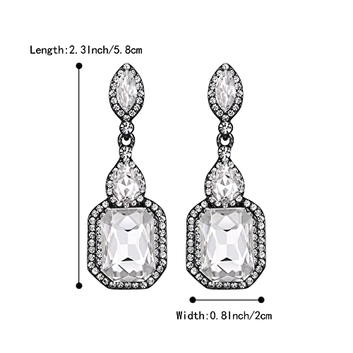 Women's Wedding Bridal Crystal Emerald Cut Infinity Figure 8 Chandelier Clip-On Dangle Earrings - color: Clear Black-Tone