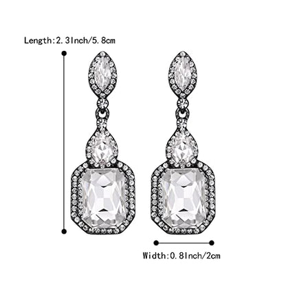 Women's Wedding Bridal Crystal Emerald Cut Infinity Figure 8 Chandelier Clip-On Dangle Earrings - color: Clear Black-Tone