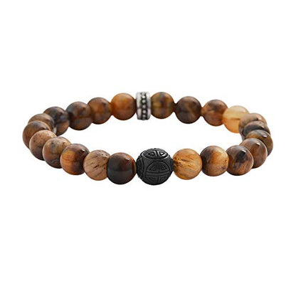 Geoffrey Beene Natural Stone Elastic 9mm Beaded Bracelet with Black Good Fortune Piece - color: Brown Tiger Eye