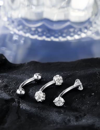 18G 16G 14G Eyebrow Ring Piercing Jewelry Surgical Steel Internal Thread Vertical Labret Lip Ring Rook Daith Earrings Belly Button Ring Piercing Jewelry for Women Men CZ Silver Black Gold - color: Silver, size: 16G, 8mm Length
