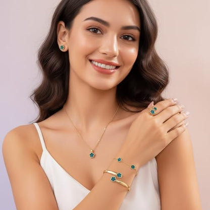 Clover Jewelry Set for Women Non Tarnish Gold-Tone Five Leaf Clover Necklace, Earrings, Ring, Bracelet Fashion Simple Floral Jewelry Set - color: Green