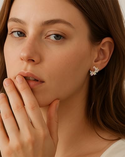 14K Gold Plated Leaf Earrings for Women, Colorful Marquise Cubic Zirconia Floral Studs, Hypoallergenic Botanical Ear Crawler Earrings for Spring