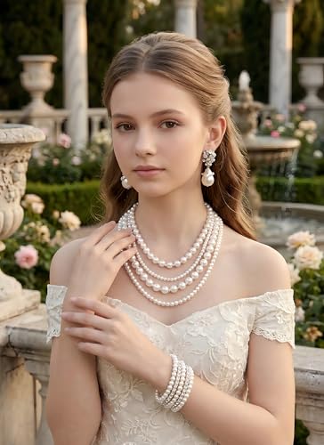 Pearl Necklace Set - Faux Pearl Earrings and Bracelets Jewelry Set for Women Wedding Bridal Shower Tea Party Accessories - style: 4pcs-silver