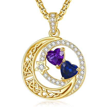 14K Gold Moon and Star Double Birthstone Necklace Gifts for Women | 2 Heart Birthstone Necklace,Mothers Day Wedding Anniversary Birthday Gifts for Wife Mom Daughter Grandma Sister - color: 02-09-Feb-Sept Birthstone