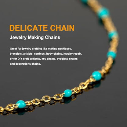 KYUNHOO 16.4 Feet Turquoise Beaded Rosary Spool Gold Plated Chains Bulk | Stainless Steel Chains for Jewelry Making Necklace Ankle Earring DIY Jewelry Findings - color: Gold-Turquoise