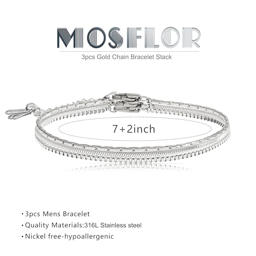 Mens Bracelet - Dainty Gold/Silver Chain Bracelet Stack 14K Gold Plated Silver Bracelets for Men Stainless Steel Adjustable Cross Charm Cuban Link Bracelet Snake Jewelry Set to Men Dad Birthday Day - color: Silver, size: 7+2 Inch