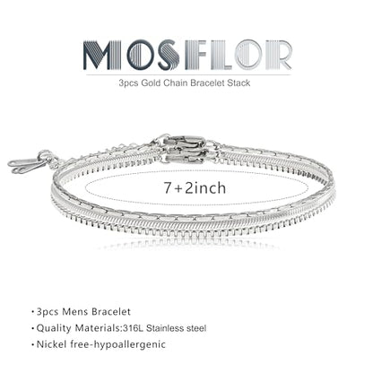 Mens Bracelet - Dainty Gold/Silver Chain Bracelet Stack 14K Gold Plated Silver Bracelets for Men Stainless Steel Adjustable Cross Charm Cuban Link Bracelet Snake Jewelry Set to Men Dad Birthday Day - color: Silver, size: 7+2 inch