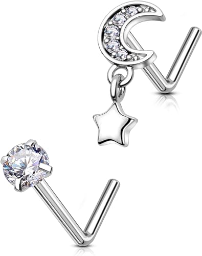 OUFER 2PCS Stainless Steel Nose Rings, Moon Star Butterfly Design 20G Nostril Dangle Piercing Jewelry - 7MM - style: Moon