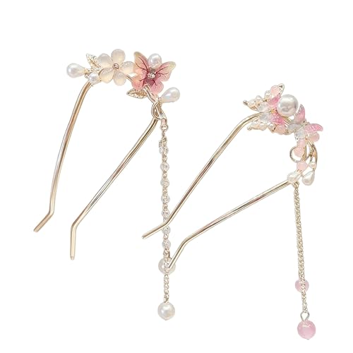 Pearl Butterfly Flower Hair Pins For Women Tassel Chain Pendant French Hair Pin Sticks Pink White Butterflies Floral U-Shaped Hairpin Fork Updo Bun Qipao Hanfu Chinese Bridal Wedding Hair Accessories