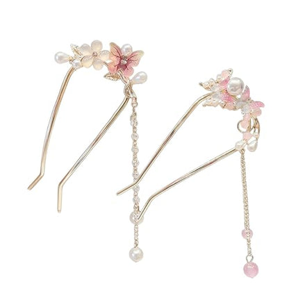 Pearl Butterfly Flower Hair Pins For Women Tassel Chain Pendant French Hair Pin Sticks Pink White Butterflies Floral U-Shaped Hairpin Fork Updo Bun Qipao Hanfu Chinese Bridal Wedding Hair Accessories