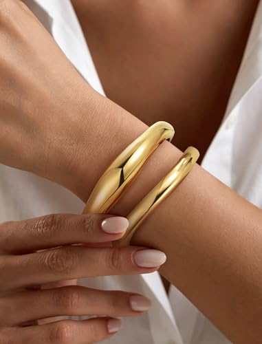 Chunky Gold Bangle Bracelets for Women – 14k Gold Plated | Cuff Bangles, Stackable Bracelet Set, Wide Trendy Fashion, Jewelry Gift - color: 05-Gold-2pcs