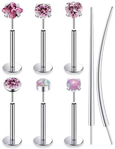F136 Titanium 20/18/16g Internally Threaded Medusa Monroe Lip Ashley Labret Nose Rings Flat Back Tragus Helix Cartilage Conch Screw Stud Earrings Surgical Steel Piercing Jewelry for Women - color: Pink CZ, size: 16g*3/8in