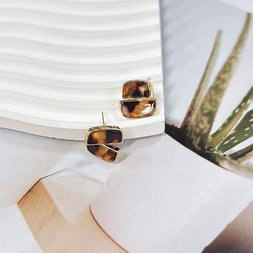 Rectangle/Round Leopard Print Stud Earrings for Women Gold Plated Vintage Geometric Resin Leopard Statement Studs Simple Unique Trendy Jewelry for Her Bff