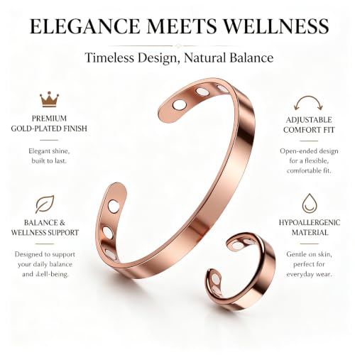 Calming Bracelet Ring Set for Women, Menopause Bracelets Adjustable Bangle Stainless Steel Cuff Climacterium Anxiety Stress Relief Energy Open Jewelry Gift - color: Rose Gold + Rose Gold