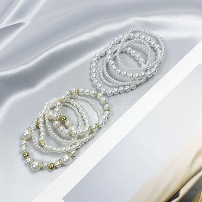 Pearls Bracelets for Women Simulated White Pearl Beaded Bracelet Stack Stackable Stretch Pearl Jewelry Set Multilayered Elastic Gold Pearls Bracelet Set for Prom Party Christmas Gift - style: 10G