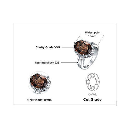 JewelryPalace Huge Oval Shape 5.7ct Genuine Smoky Quartz Cocktail Rings for Her, 14K White Yellow Rose Gold Plated 925 Sterling Silver Ring for Women, Natural Gemstone Jewelry Sets Rings - color: 1-Sterling Silver