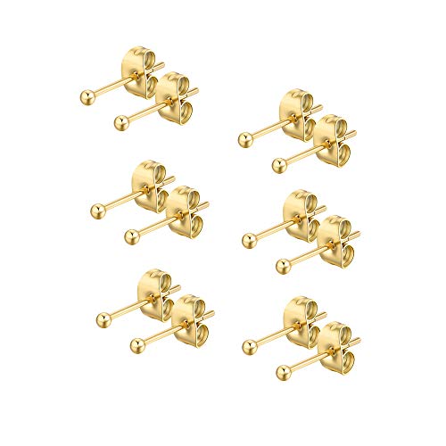 FOSIR 6 Pair Tiny Women 14K Gold Plated Ball Stud Earrings Surgical Stainless Steel Earrings Set, 2-6MM - style: 6 pair diameter,2mm