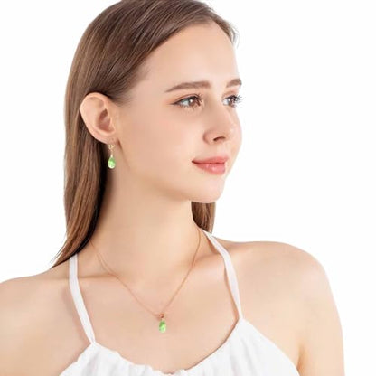 Austrian Crystals Teardrop Pendant Necklace Earrings for Women 14K Gold Plated Hypoallergenic Leverback Drop Dangle Earrings Jewelry Set - color: Green