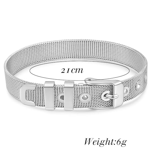 JAJAFOOK 2PCS Stainless Steel Mesh Belt Buckle Bracelet Set, Silver & Gold Tone Adjustable Wire Bangle, Modern Designer Cuff for Men and Women