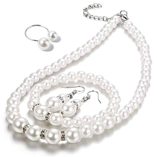 Pearl Jewelry Set, 4 PCS Jewelry Necklaces Hoop Earring Bracelet | Ladies' wedding set, made of hand selected shell pearls, sturdy, durable, will not fade, birthday gift, Valentine's Day gift