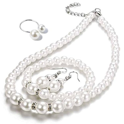 Pearl Jewelry Set, 4 PCS Jewelry Necklaces Hoop Earring Bracelet | Ladies' wedding set, made of hand selected shell pearls, sturdy, durable, will not fade, birthday gift, Valentine's Day gift