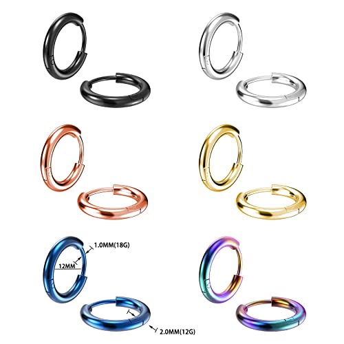 316L Surgical Stainless Steel Small Hoop Earrings 8mm 10mm 12mm 14mm Hypoallergenic Huggie Hoop Earrings Helix Lobes Hinged Sleeper Earrings Cartilage Piercings - color: C: Diameter 12mm (6 Color),6 Pairs