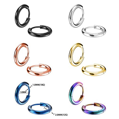 316L Surgical Stainless Steel Small Hoop Earrings 8mm 10mm 12mm 14mm Hypoallergenic Huggie Hoop Earrings Helix Lobes Hinged Sleeper Earrings Cartilage Piercings - color: C: Diameter 12mm (6 Color),6 Pairs