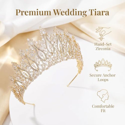 QXMYOO Luxury Wedding Tiaras for Bride Cubic Zirconia Big Tall Crown Quinceanera Crystal Headband for Women CZ Pageant Birthday Prom Party Headpiece Bridal Hair Accessories Silver - color: Gold