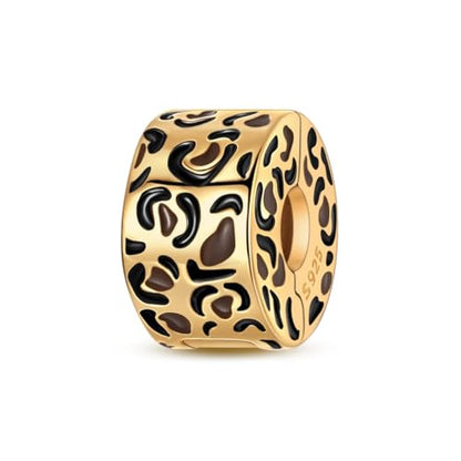 Gold Clip Stopper Charms for Pandora Bracelets Spacers Bead Charms Packs Jewelry Gift for Women - color: Golden leopard print