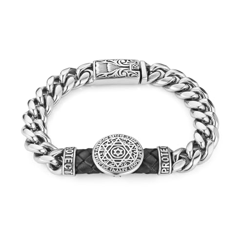 HZMAN 8.5Inch Cuban Link Bracelet for Men Silver Stainless Steel Heavy Biker Link Bracelet - color: Seal of Solomon
