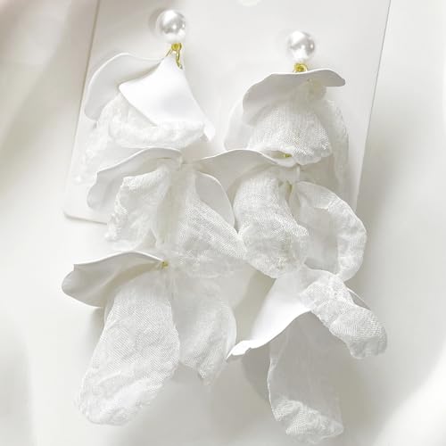 Handmade Bohemian Lightweight Fabric Flower Dangle Drop Earrings Chic Pearl Large Tassel Petal Stud Earrings For Women - color: White