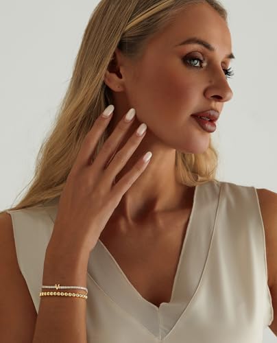 14K Gold Plated Bracelets for Women Dainty Tennis Initial Bracelet Trendy Beaded Stackable Charm Bracelets Layered Waterproof Bracelet Dainty Bracelet for Women Jewelry Gifts - style: V