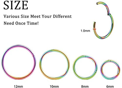 4Pcs 16G 18G 20G Surgical-Steel-Piercing-Ring-Nose-Rings-Hinged-Hoop-Earrings,6mm 8mm 10mm 12mm Seamless Stainless Steel Clicker Eyebrow Septum Piercing Hoop,Sliver Black Gold Rose Gold Rainbow Body Jewelry Set - color: 18G Rainbow