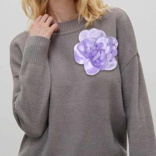 2Pack 6inch Extra Large Satin Brooches Lapel Pins Dainty Elegant Fabric Camellia Rose Flower Brooch Pin for Women Wedding Part Dance Clothes Accessories Jewelry - color: Light Purple