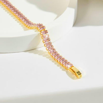 18K Gold Plated 5.0mm Pink Cubic Zirconia Tennis Bracelet|5.9-7.5in Multi-Size Classic Women's Tennis Bracelet - size: 6.7 inch/17cm